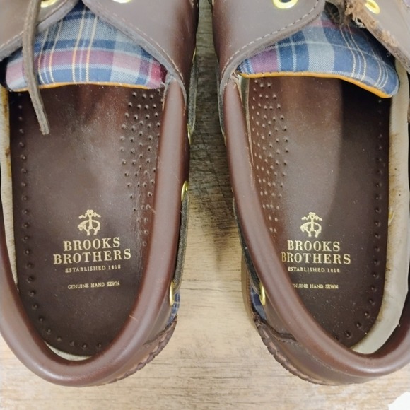 Brooks Brothers Mens Size 8 D Boat Shoes Blue Red Plaid Brown Leather‎ Loafers - Picture 5 of 12